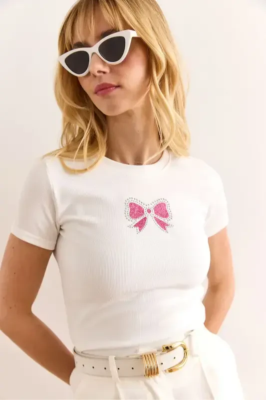 Women's White Sequin Bow Detailed Slim Ribbed Crop - OLALOOK
