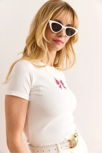 Women's White Sequin Bow Detailed Slim Ribbed Crop - 11