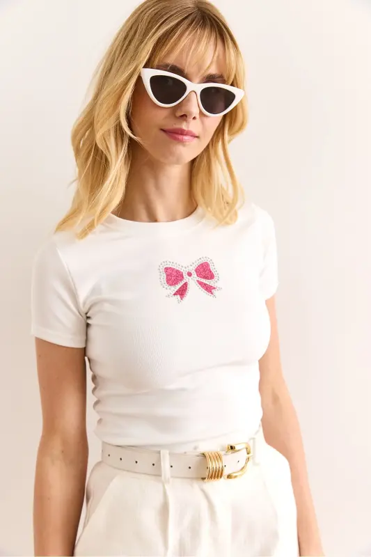 Women's White Sequin Bow Detailed Slim Ribbed Crop - 6