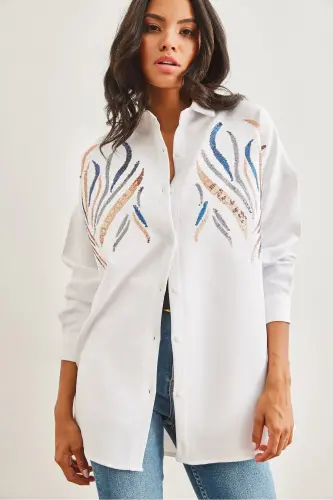 Women's White Sequin Wool Effect Oversize Winter Shirt GML-19001157-White - 1