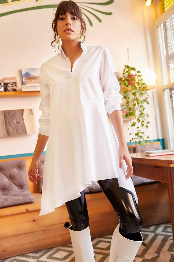 Women's White Shirt Collar Asymmetric Tunic TNK-19000034 - 1