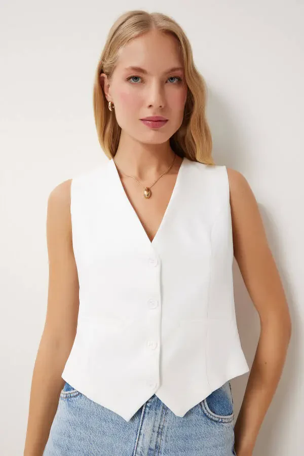 Women's White Short Knitted Vest TO00048 - 1