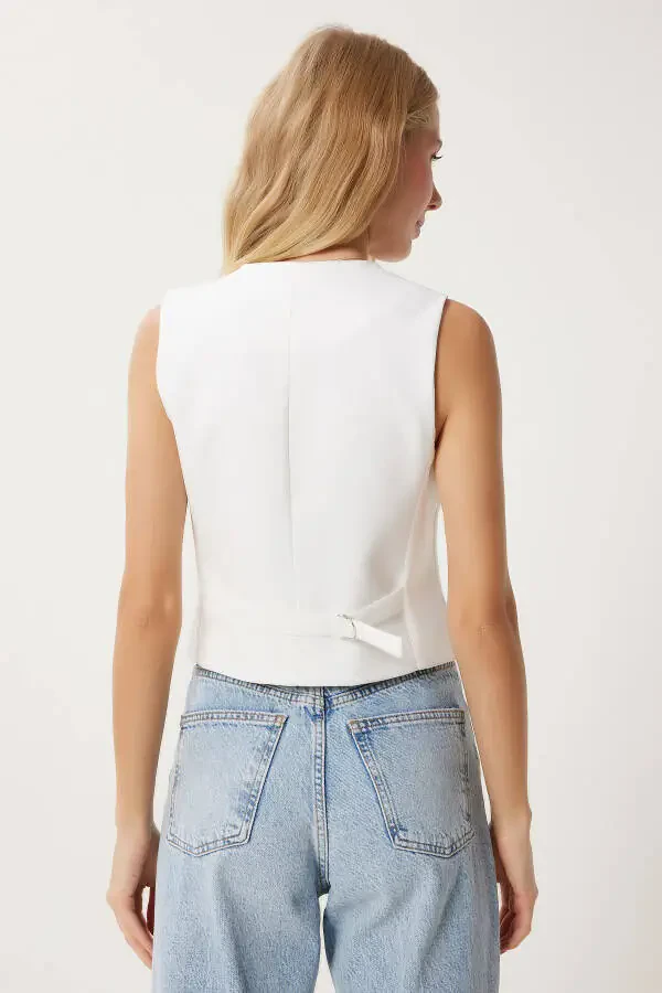 Women's White Short Knitted Vest TO00048 - 4