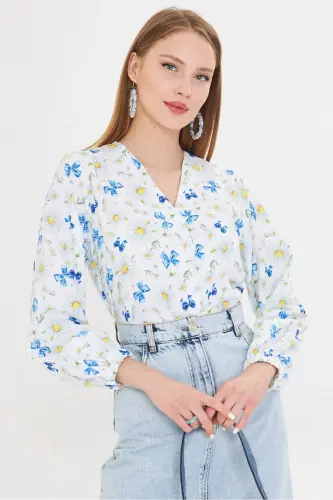 Women's White Short Sleeve Elastic Patterned Shirt ARM-25 - 1