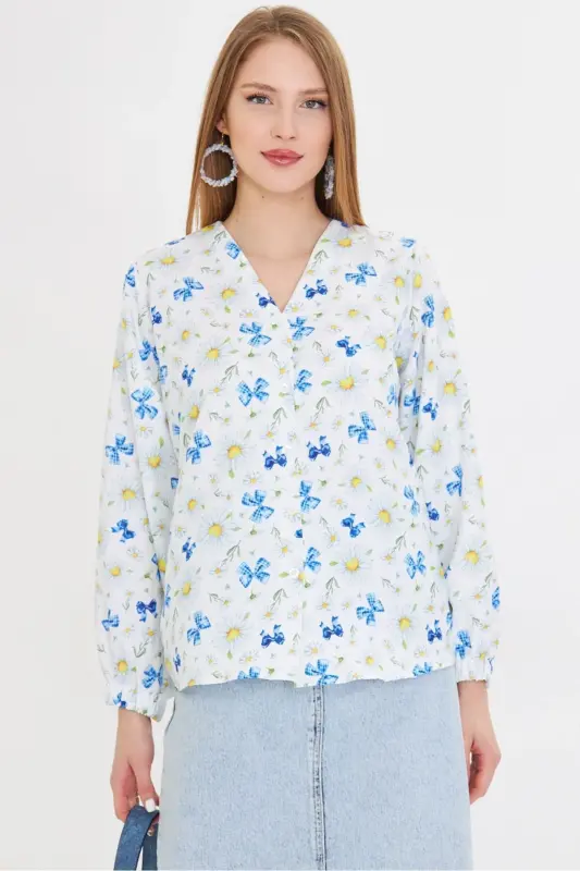 Women's White Short Sleeve Elastic Patterned Shirt ARM-25 - 2