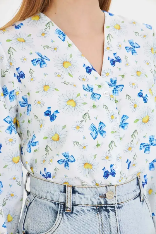 Women's White Short Sleeve Elastic Patterned Shirt ARM-25 - 3