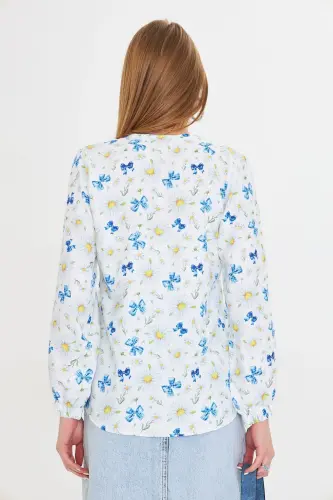 Women's White Short Sleeve Elastic Patterned Shirt ARM-25 - 4