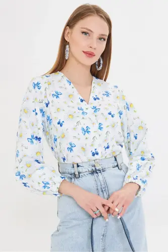 Women's White Short Sleeve Elastic Patterned Shirt ARM-25 - ARMONIKA (1)
