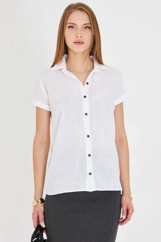 Women's White Short Sleeve Linen Shirt ARM-24Y001038 - 2