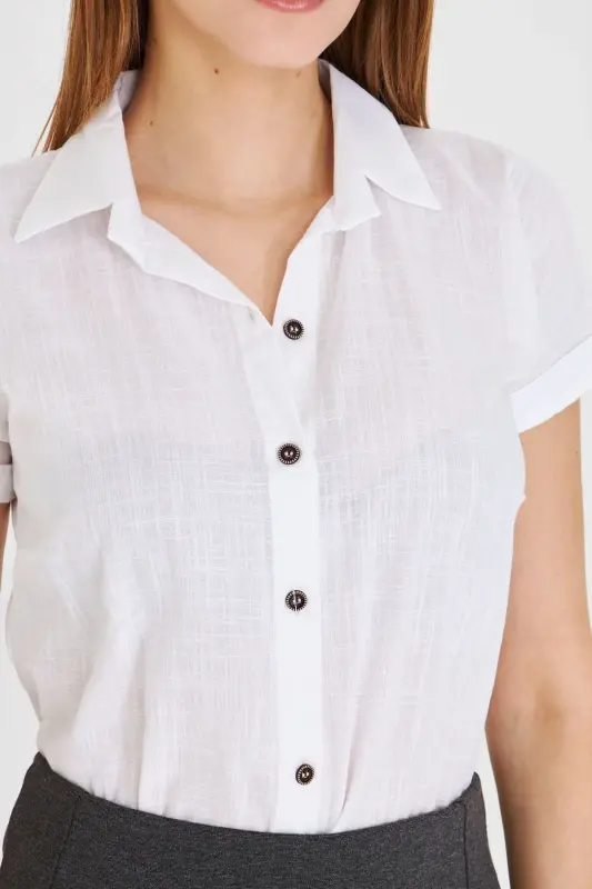 Women's White Short Sleeve Linen Shirt ARM-24Y001038 - 3