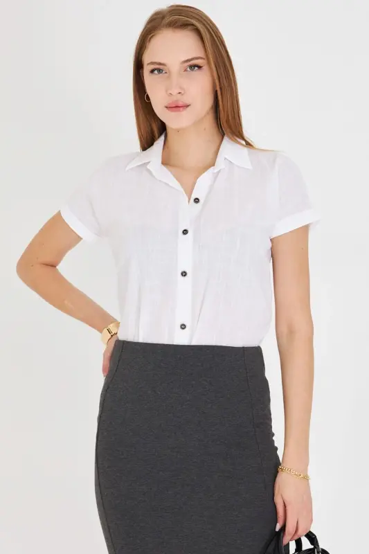 Women's White Short Sleeve Linen Shirt ARM-24Y001038 - 4