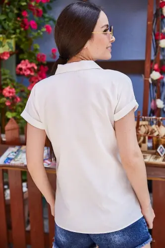 Women's White Short Sleeve Shirt ARM-19Y001065-White - 4
