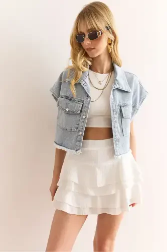 Women's White Shorts Mini Crinkle Skirt ETK-19000317 - 6