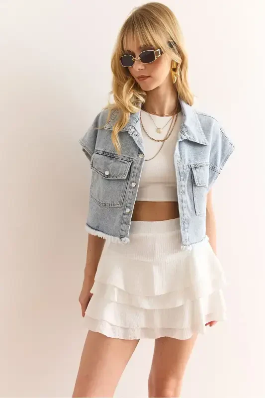 Women's White Shorts Mini Crinkle Skirt ETK-19000317 - 6