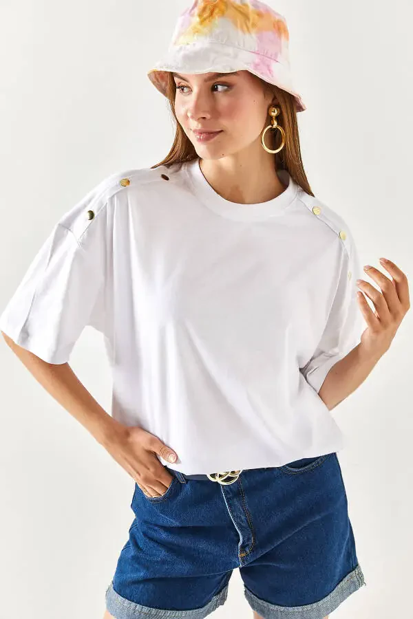 Women's White Shoulder Gold Button Cotton T-Shirt TSH-19000763 - 1