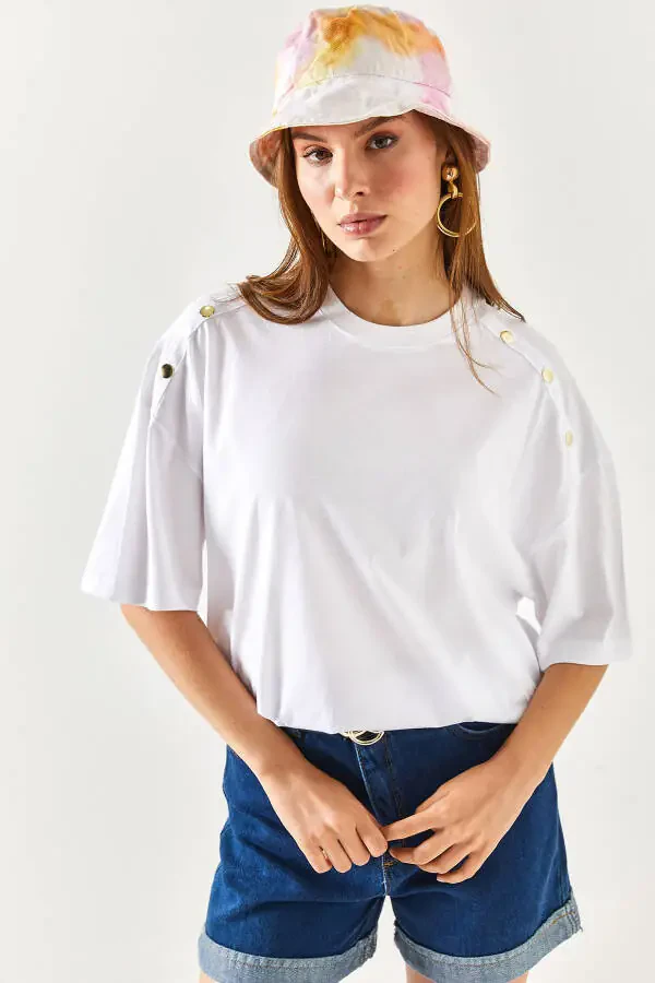 Women's White Shoulder Gold Button Cotton T-Shirt TSH-19000763 - 2