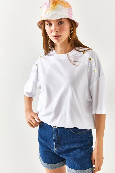 Women's White Shoulder Gold Button Cotton T-Shirt TSH-19000763 - 3