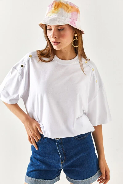 Women's White Shoulder Gold Button Cotton T-Shirt TSH-19000763 - 4