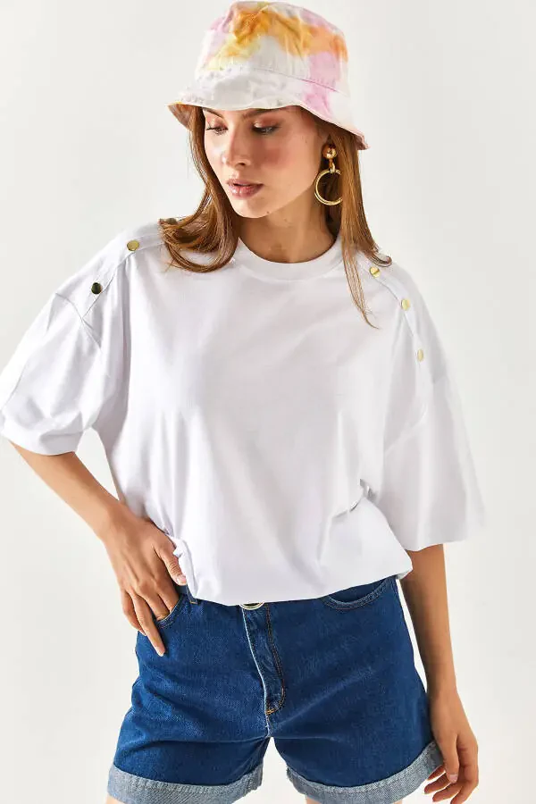 Women's White Shoulder Gold Button Cotton T-Shirt TSH-19000763 - 4