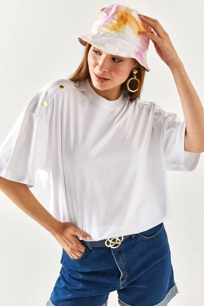 Women's White Shoulder Gold Button Cotton T-Shirt TSH-19000763 - 5
