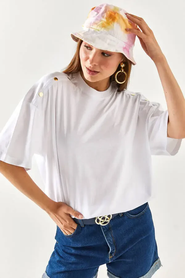 Women's White Shoulder Gold Button Cotton T-Shirt TSH-19000763 - 5