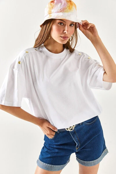 Women's White Shoulder Gold Button Cotton T-Shirt TSH-19000763 - 6