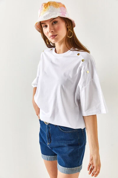 Women's White Shoulder Gold Button Cotton T-Shirt TSH-19000763 - 7
