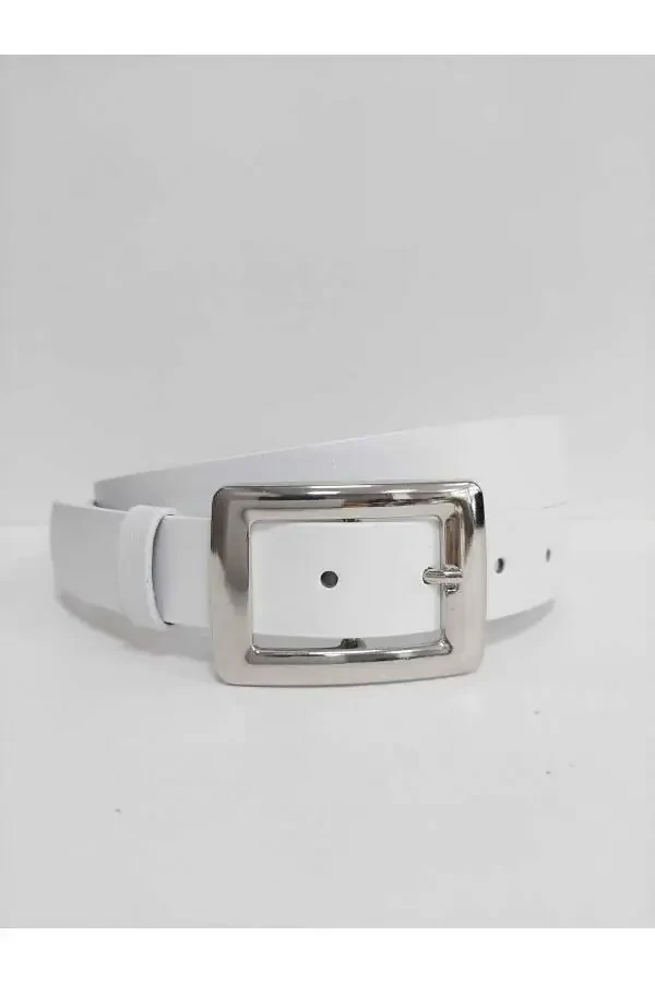 Women's White Silver Buckle Belt - 2