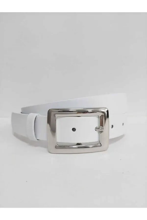 Women's White Silver Buckle Belt - 3