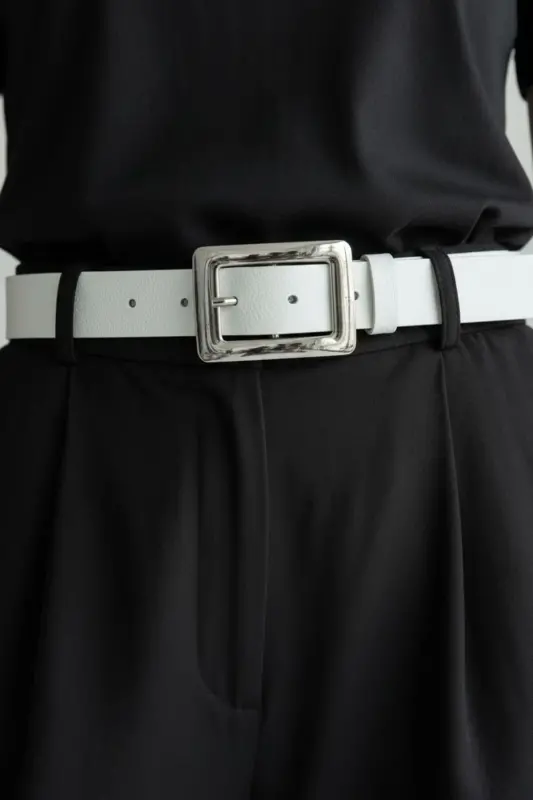Women's White Silver Buckle Belt - 4