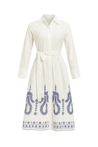 Women's White Skirt Embroidered Poplin Shirt Dress ALC-X9216 - 1