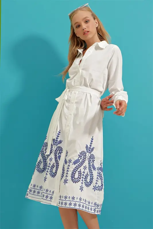 Women's White Skirt Embroidered Poplin Shirt Dress ALC-X9216 - 3