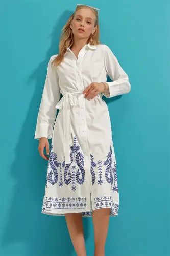 Women's White Skirt Embroidered Poplin Shirt Dress ALC-X9216 - 6