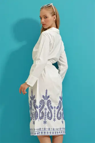 Women's White Skirt Embroidered Poplin Shirt Dress ALC-X9216 - 7