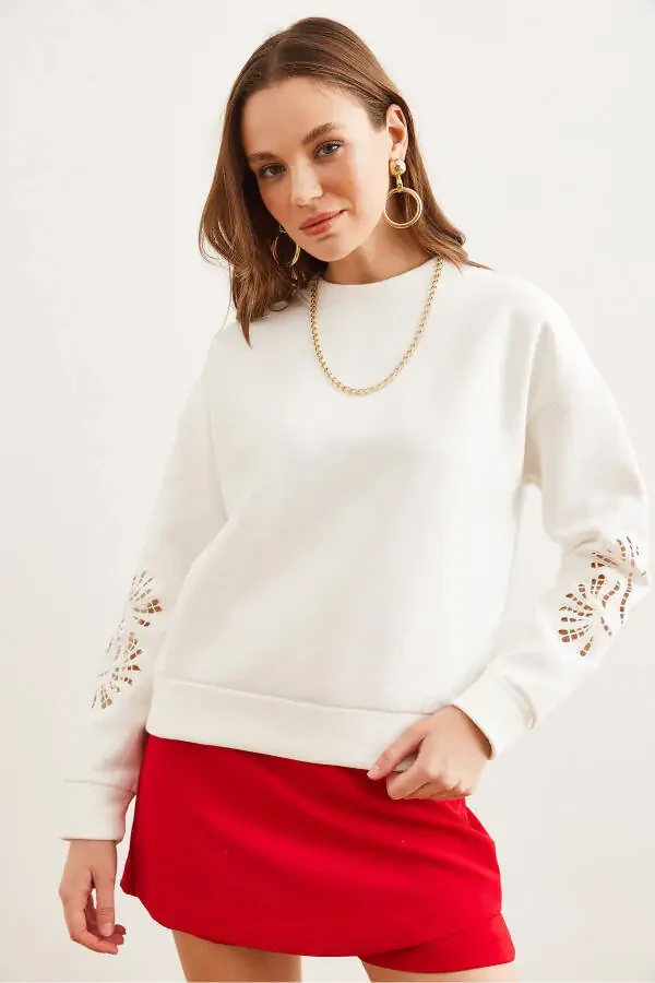 Women's White Sleeve Tie Look Thistle Sweatshirt SWT-19000700 - 2