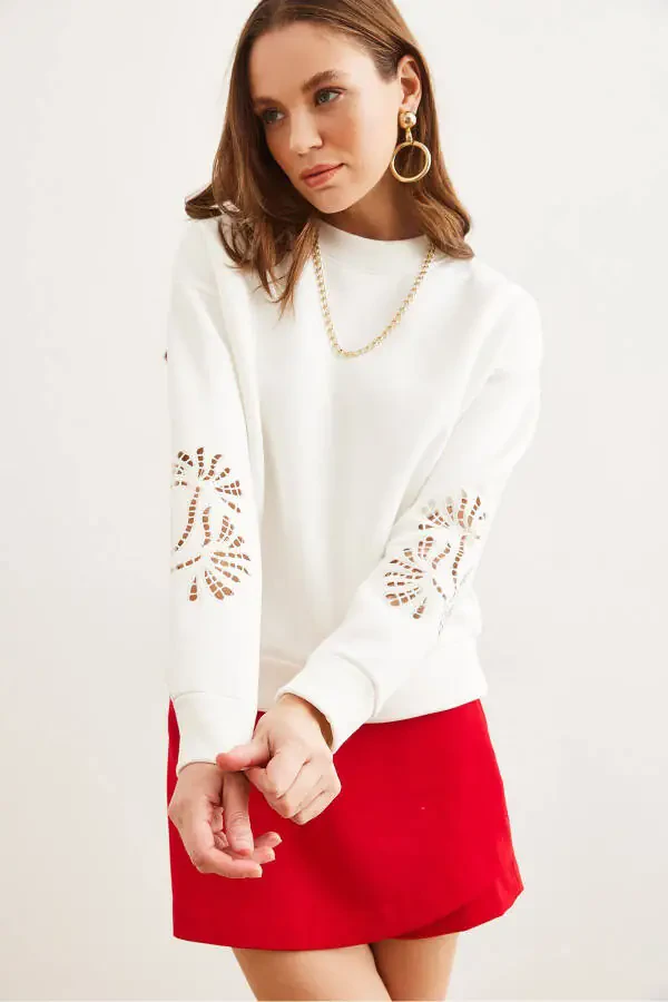 Women's White Sleeve Tie Look Thistle Sweatshirt SWT-19000700 - 4
