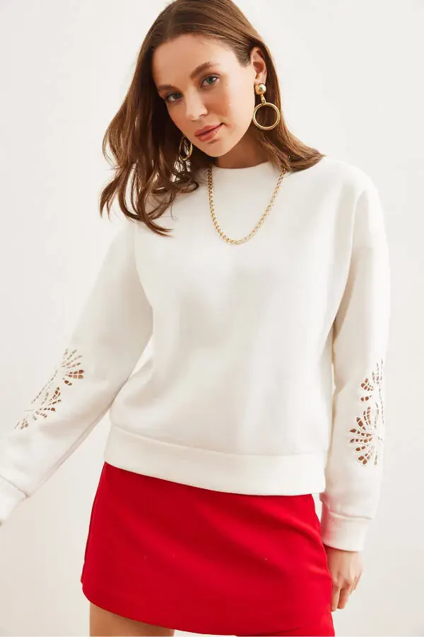Women's White Sleeve Tie Look Thistle Sweatshirt SWT-19000700 - 5