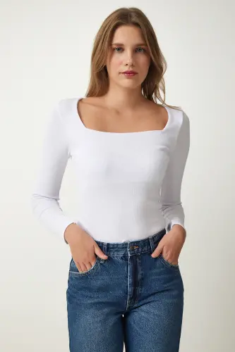 Women's White Square Neck Ribbed Knit Blouse GT00052-White - 4