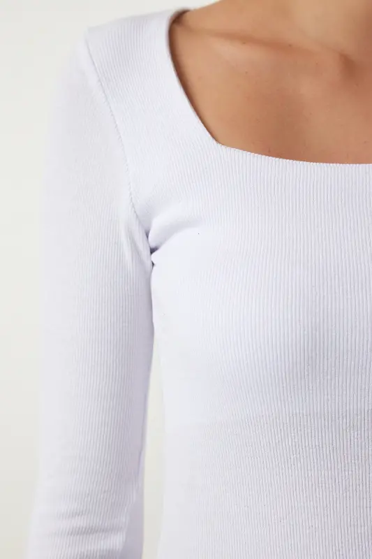 Women's White Square Neck Ribbed Knit Blouse GT00052-White - 5