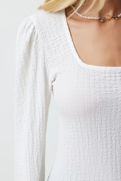 Women's White Square Neck Textured Knit Blouse DD01111 - 4