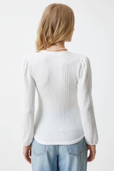Women's White Square Neck Textured Knit Blouse DD01111 - 6