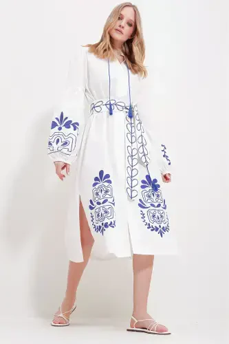 Women's White Stand Collar Belted Double Slit Linen Dress ALC-X11570-WHITE - 1