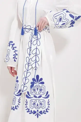 Women's White Stand Collar Belted Double Slit Linen Dress ALC-X11570-WHITE - 6