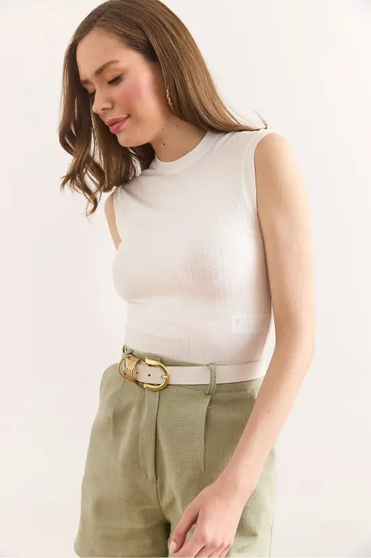 Women's White Stand-up Collar Sleeveless Lycra Blouse BLZ-19002 - 4