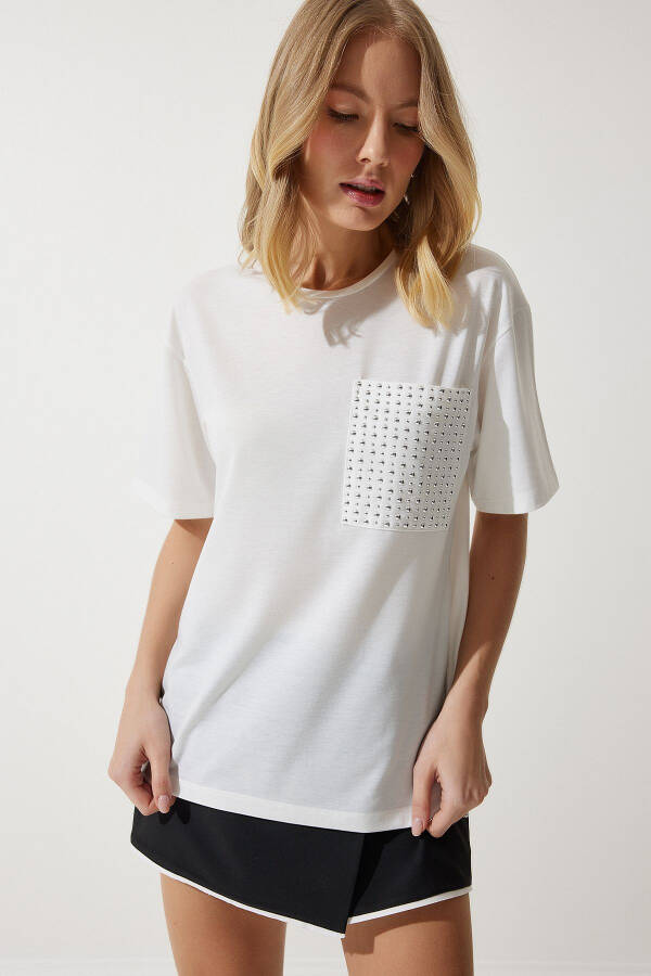Women's White Stone Detailed Oversize T-Shirt PB00026 - 1