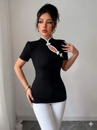 Women's White Stripe Detailed Slim Fit Mock Neck Blouse - BÜYÜKBEDENIZ (1)