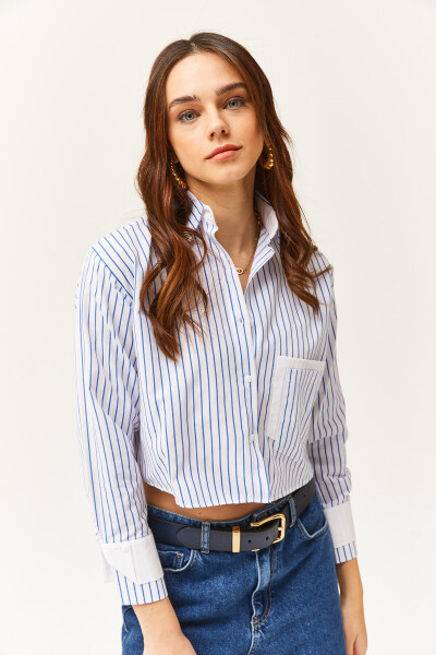 Women's White Striped Crop Shirt with Blue Pocket and Cuff Details GML-19001169 - 6