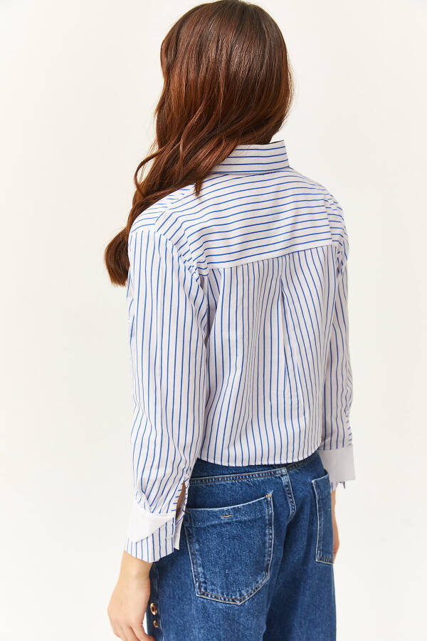 Women's White Striped Crop Shirt with Blue Pocket and Cuff Details GML-19001169 - 7