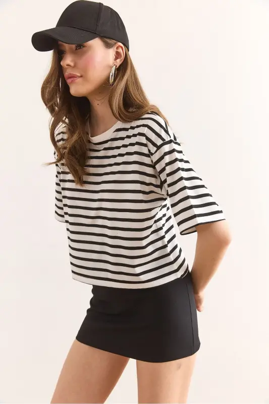 Women's White Striped Crop T-Shirt TSH-19000890 - 1