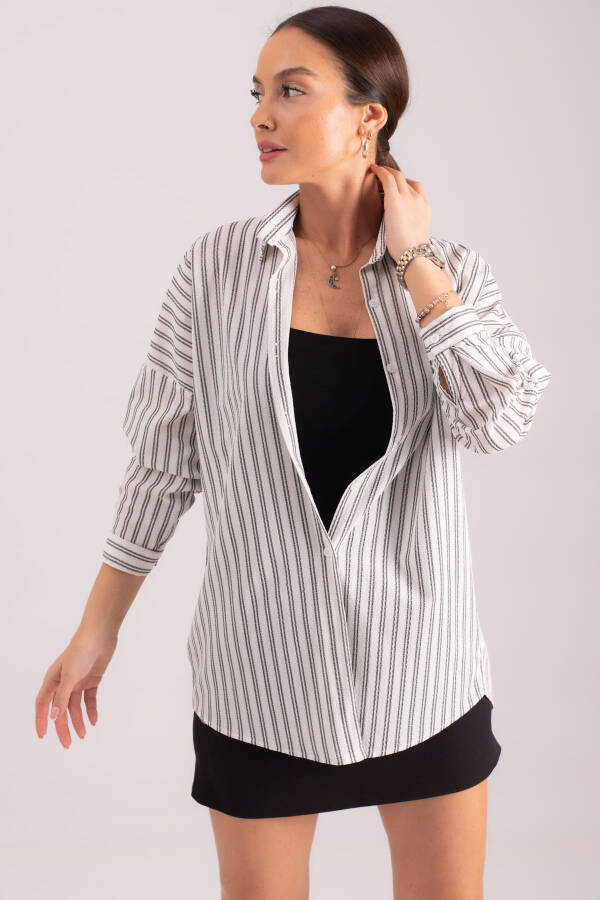 Women's White Striped Oversized Long Basic Shirt ARM-22Y001185 - 6